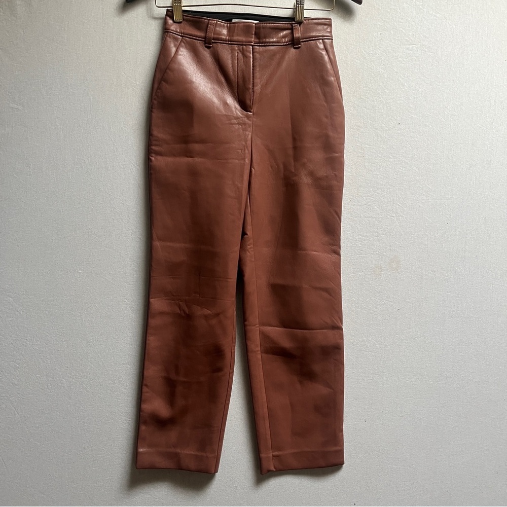 Babaton Vegan Leather Pants Cognac Brown High Rise Straight Sz 0